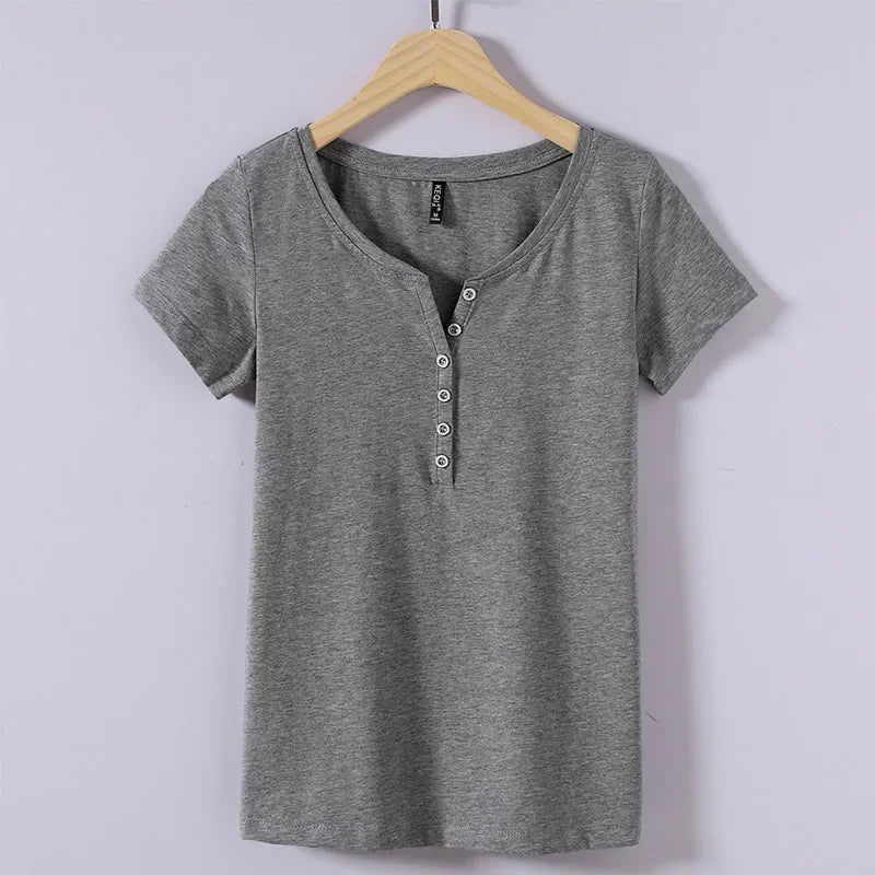Women’s V-Neck Button Cotton T-Shirt