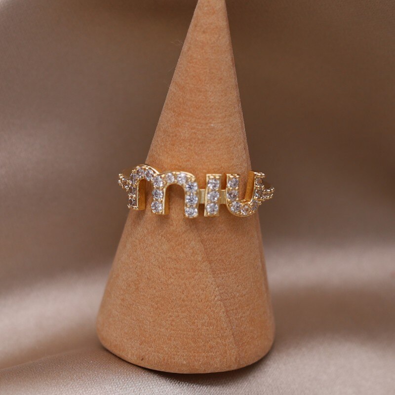 2023 Korean New Design Fashion Jewelry 14K Gold Plated Letter M Zircon Open Ring Elegant Women's Daily Work Accessories