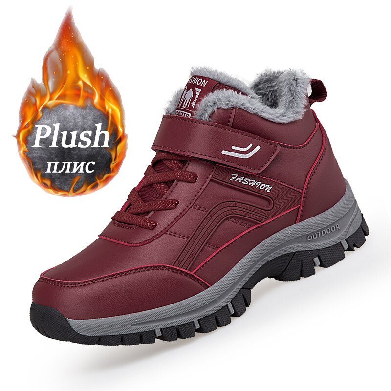 Women Men Boots Winter Snow Boots Outdoor Non-slip Sneakers Plush Leather Waterproof Boots Man High Quality Lace-up Hiking Shoes