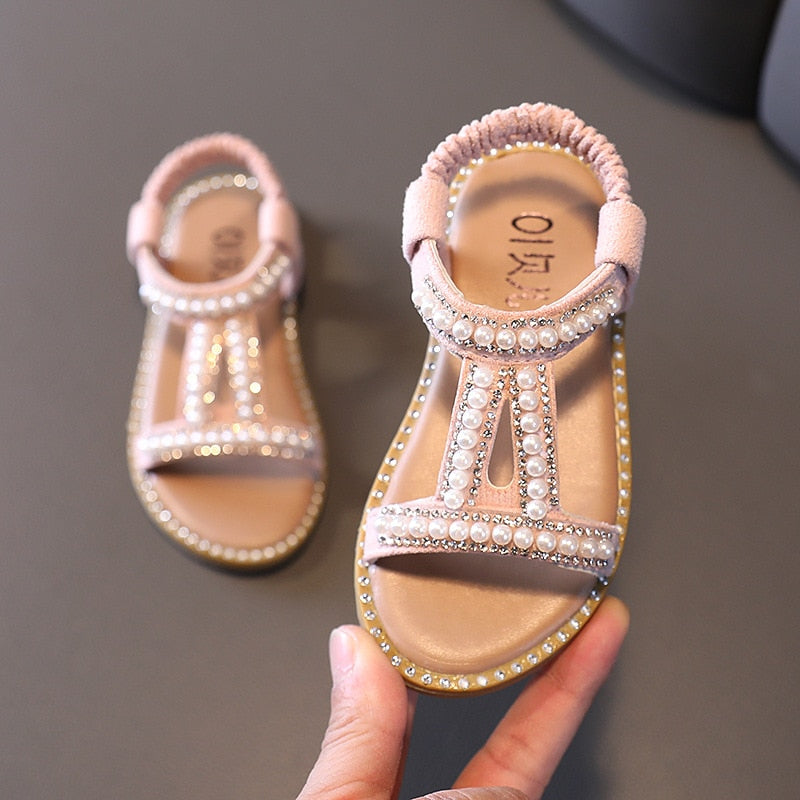 Girls Sandals Kids Summer Roman Shoes 2022 Elegant Pearl Rhinestone Party Princess Shoe Flats Non-slip Casual Girl Beach Sandal
