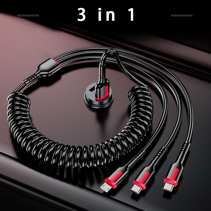 66W 5A USB Type C Data Cable 3A Micro USB Spring Pull Telescopic Fast Charging Cable for Android Phone Accessories Car USB Cable