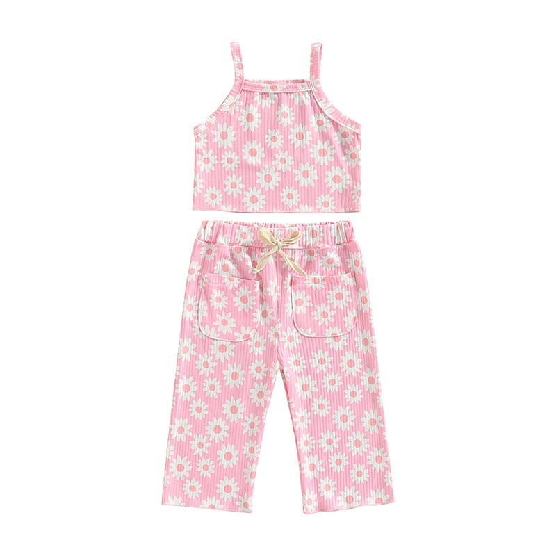 Lovely Children Summer Clothing Sets Ribbed Floral Print Sleeveless Tanks Tops+Elastic Waist Pocket Long Pants Casual Outfits