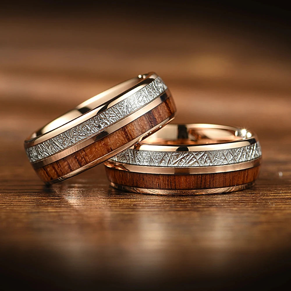 Men’s 8MM Koa Wood & Meteorite Stainless Steel Ring