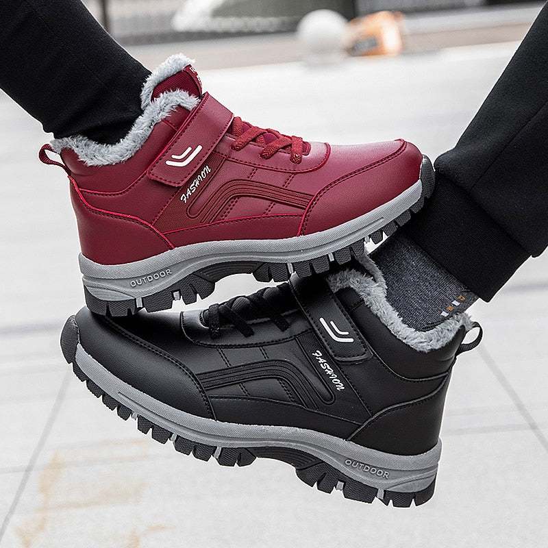 Women Men Boots Winter Snow Boots Outdoor Non-slip Sneakers Plush Leather Waterproof Boots Man High Quality Lace-up Hiking Shoes