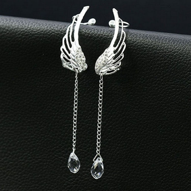 Delysia King Women Angel Wings Feather Earrings Ear Stud Trendy Crystal Tassel Jewelry