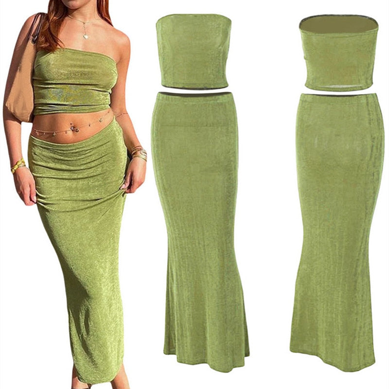 Two Piece Skirt Set Women's Suit y2k Clothes Summer 2023 Sexy Outfit Cropped Top and Split Skirt Chic Elegant Female Clothing