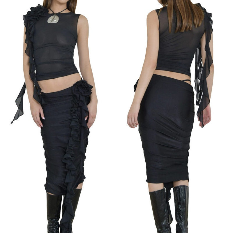 Two Piece Skirt Set Women's Suit y2k Clothes Summer 2023 Sexy Outfit Cropped Top and Split Skirt Chic Elegant Female Clothing