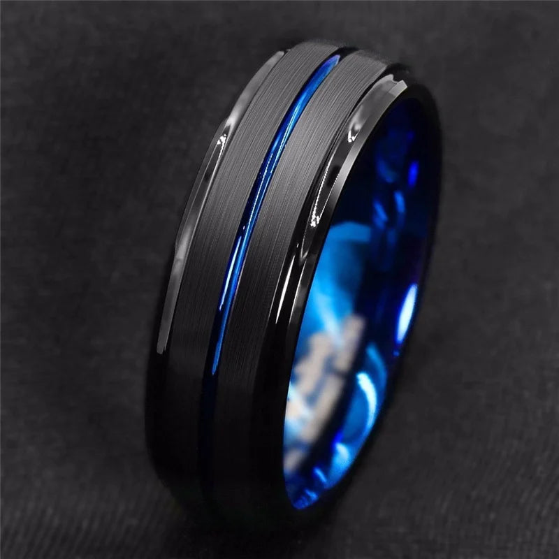 Black Tungsten Men’s Ring with Blue Groove - Jeglowstore