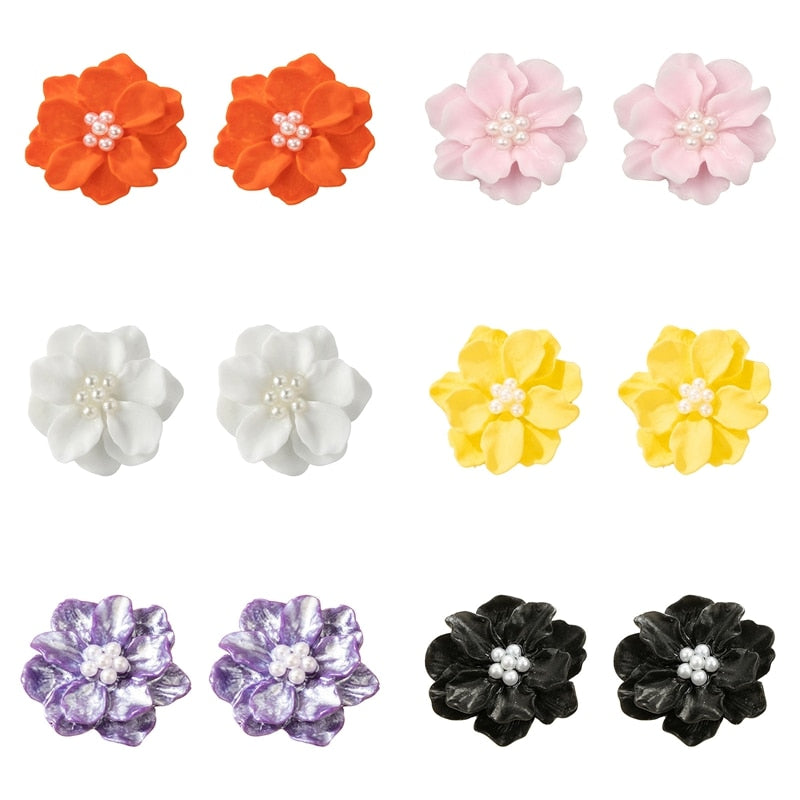 Women Resin Flowers Faux Pearls Earrings Ear Studs Black Red White Flower Women's Earrings Girl Party Stud Acrylic Accessories