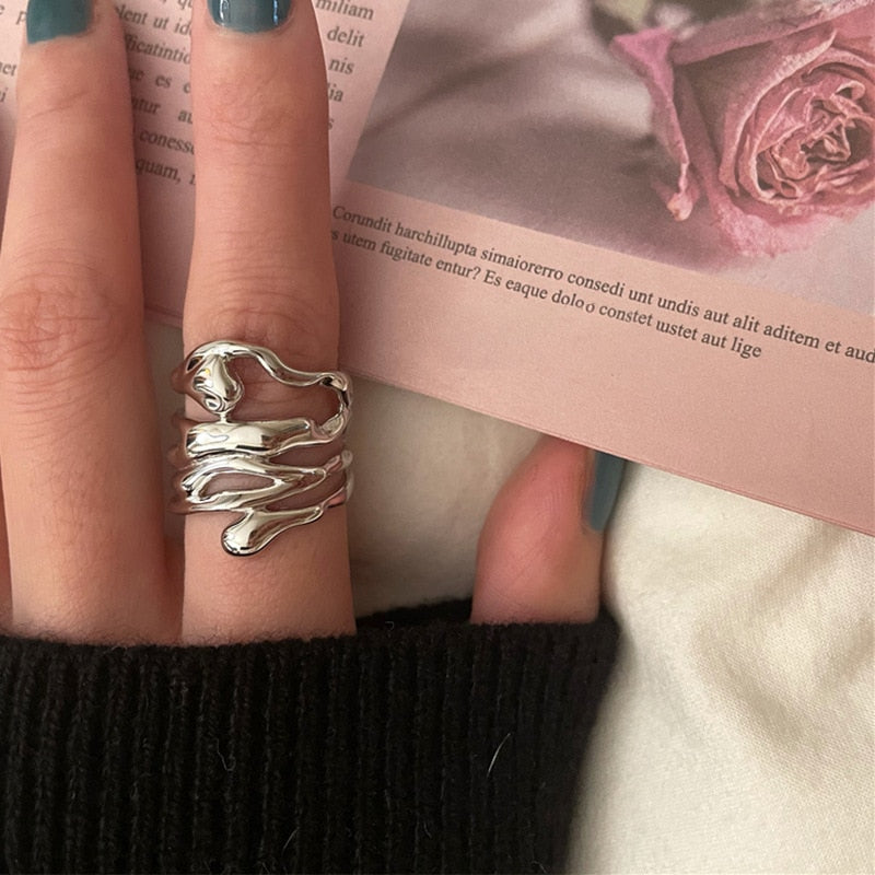 2023 New Arrival Irregular Hollow Silver Color Wide Ring Female Fashion Retro Unique Design Handmade Jewelry Gifts