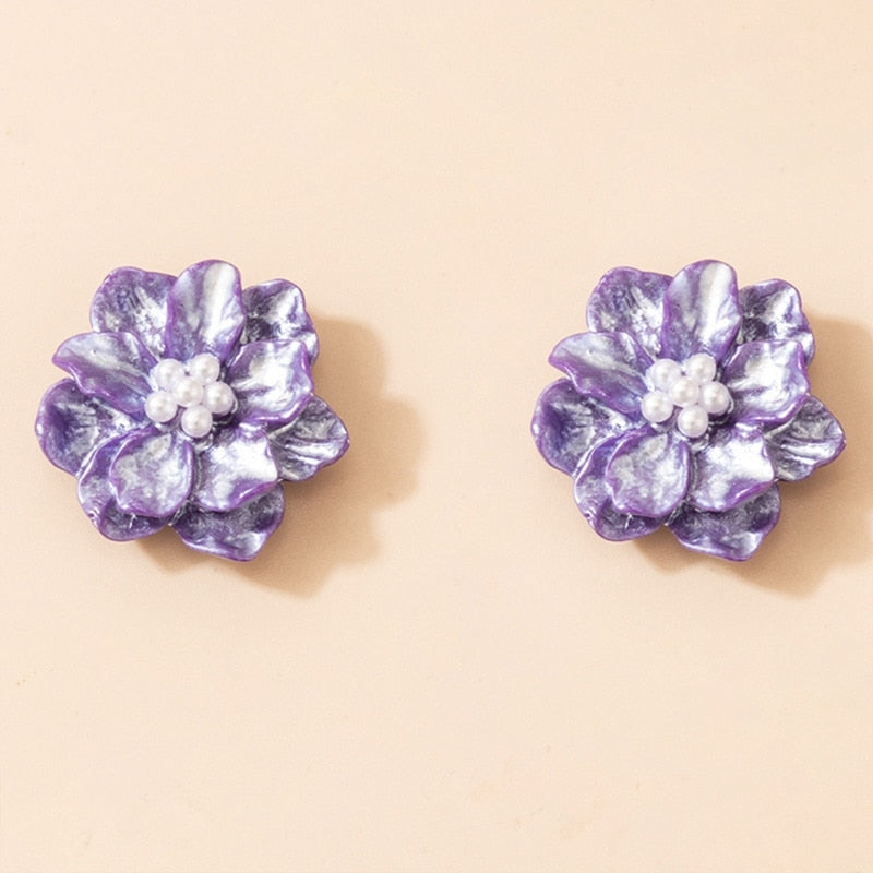 Women Resin Flowers Faux Pearls Earrings Ear Studs Black Red White Flower Women's Earrings Girl Party Stud Acrylic Accessories