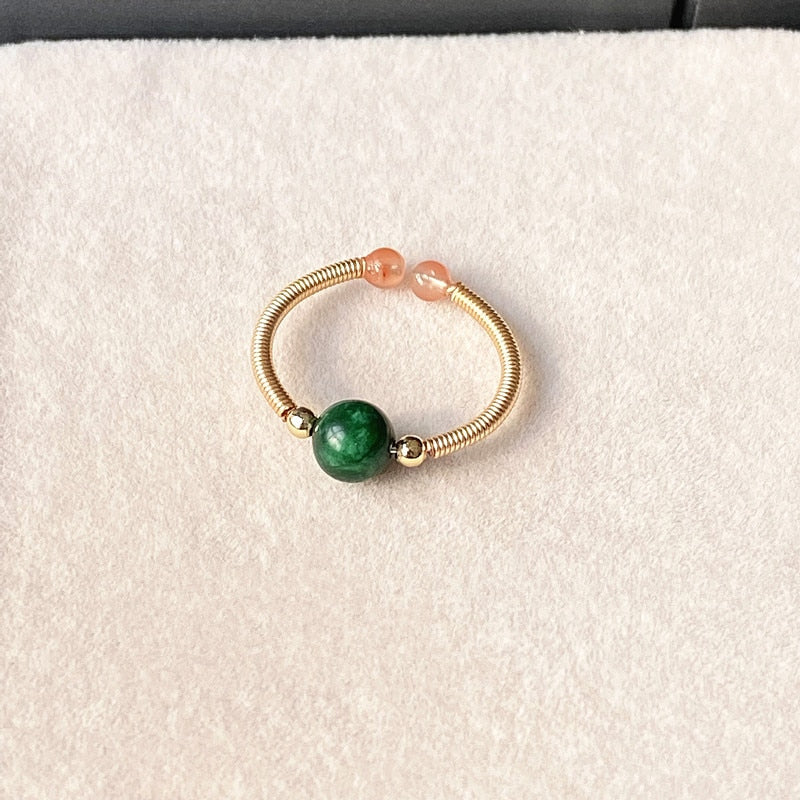 Natural Stone Rainbow Tourmaline Ring Fashion Retro Handmade Metal Wire Winding Beaded Open Adjustable Ring Female Charm Jewelry