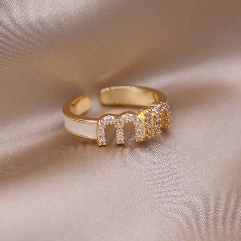 2023 Korean New Design Fashion Jewelry 14K Gold Plated Letter M Zircon Open Ring Elegant Women's Daily Work Accessories