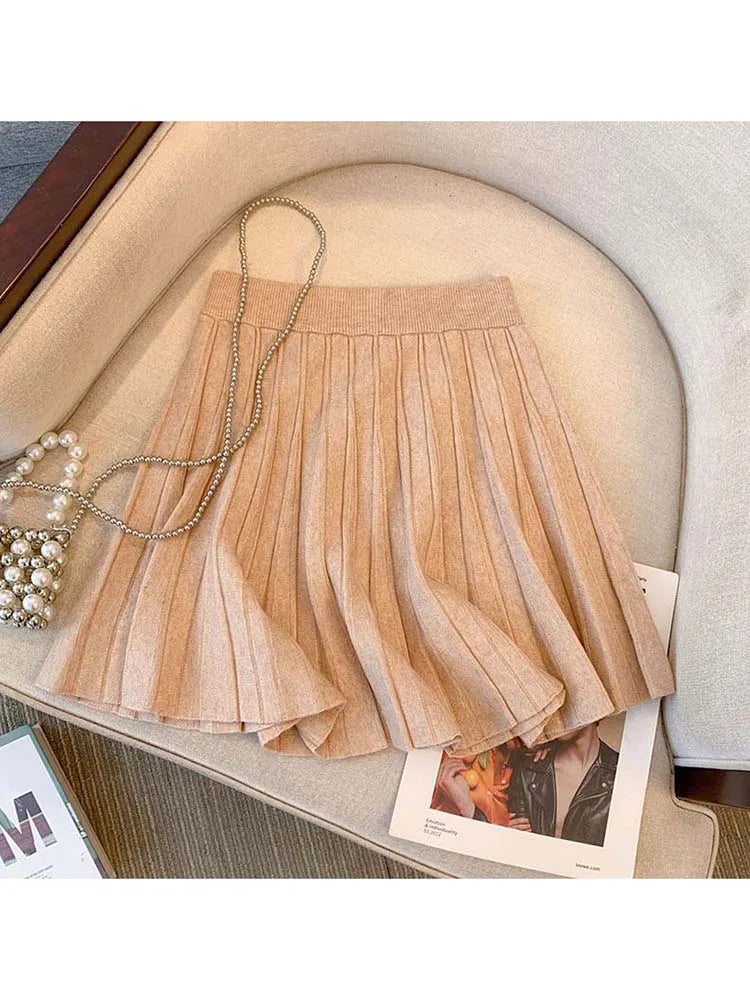 High Waist Knitted Pleated Mini Skirt