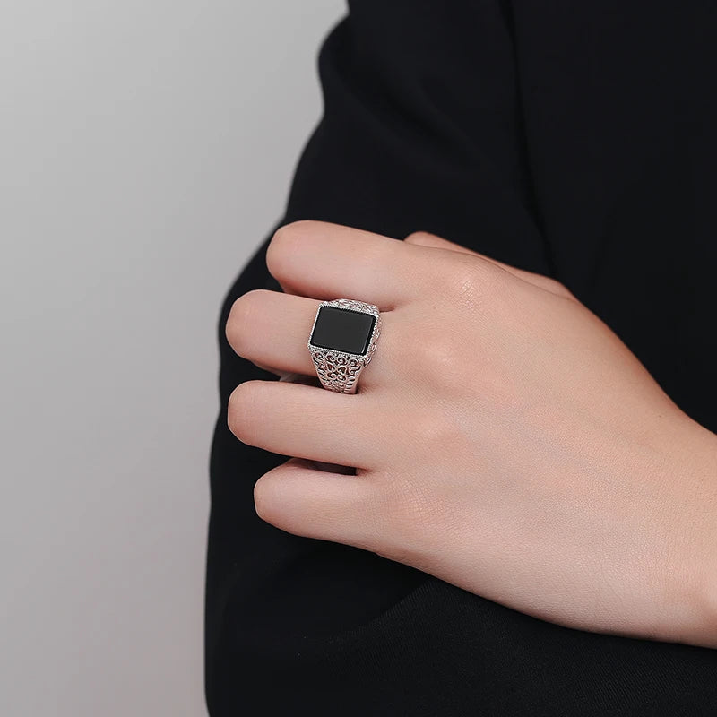 Vintage Black Agate Silver Ring - Jeglowstore