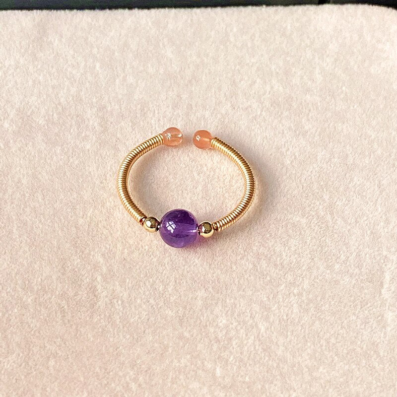 Natural Stone Rainbow Tourmaline Ring Fashion Retro Handmade Metal Wire Winding Beaded Open Adjustable Ring Female Charm Jewelry