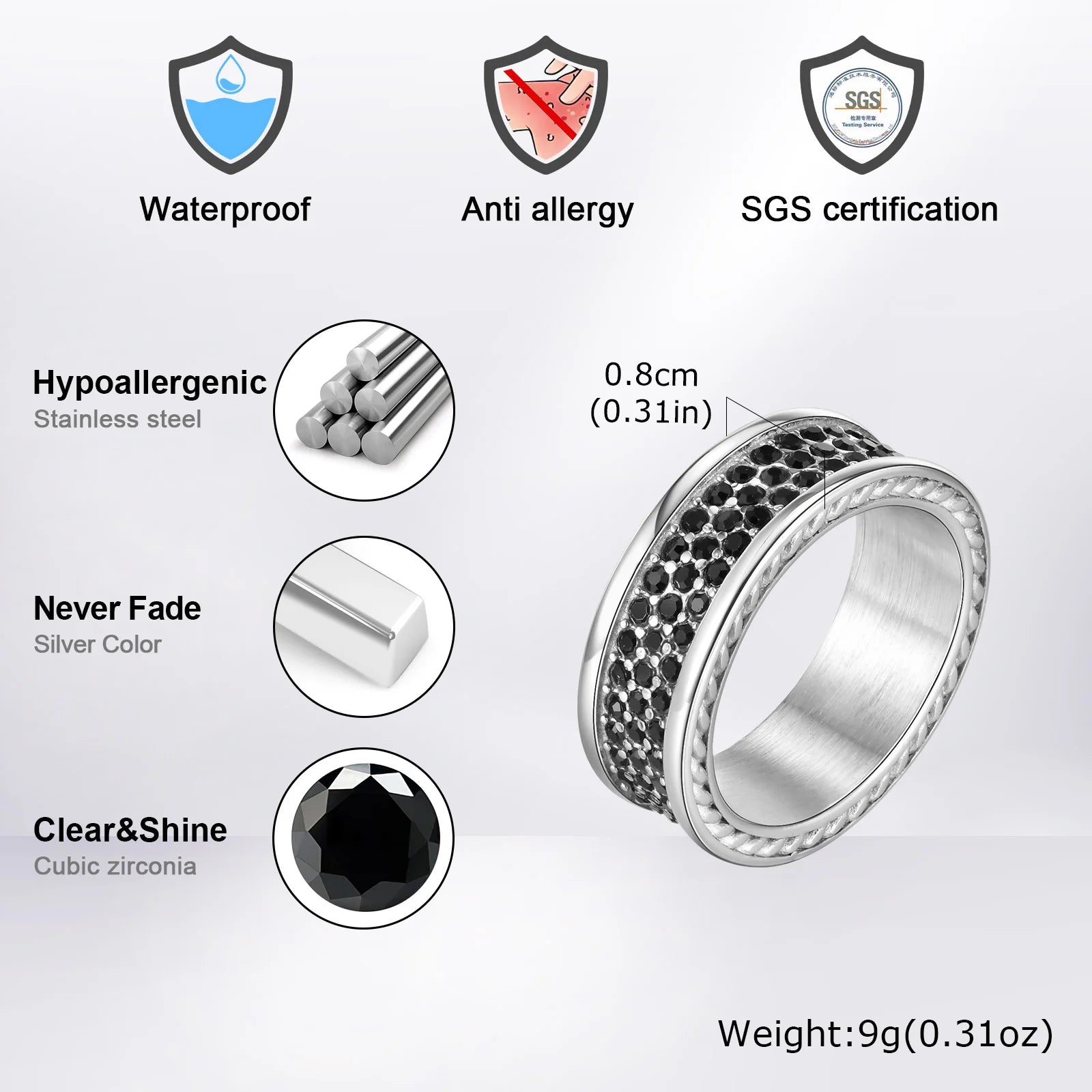 Men’s 8mm Black CZ Stainless Steel Ring - Jeglowstore