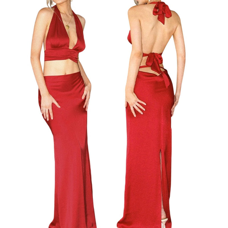 Two Piece Skirt Set Women's Suit y2k Clothes Summer 2023 Sexy Outfit Cropped Top and Split Skirt Chic Elegant Female Clothing