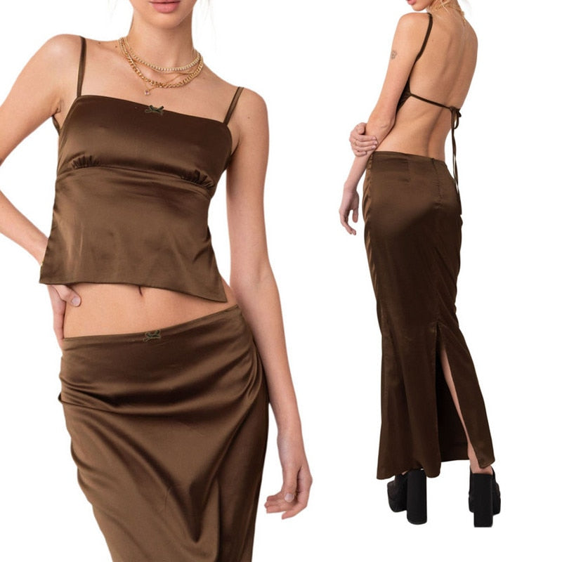 Two Piece Skirt Set Women's Suit y2k Clothes Summer 2023 Sexy Outfit Cropped Top and Split Skirt Chic Elegant Female Clothing