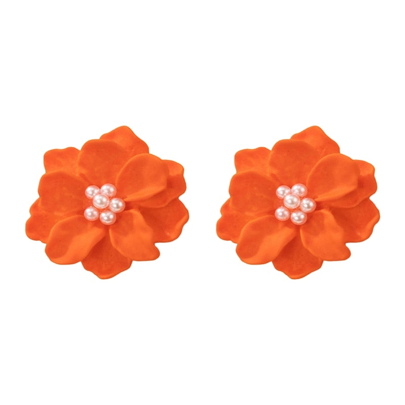 Women Resin Flowers Faux Pearls Earrings Ear Studs Black Red White Flower Women's Earrings Girl Party Stud Acrylic Accessories