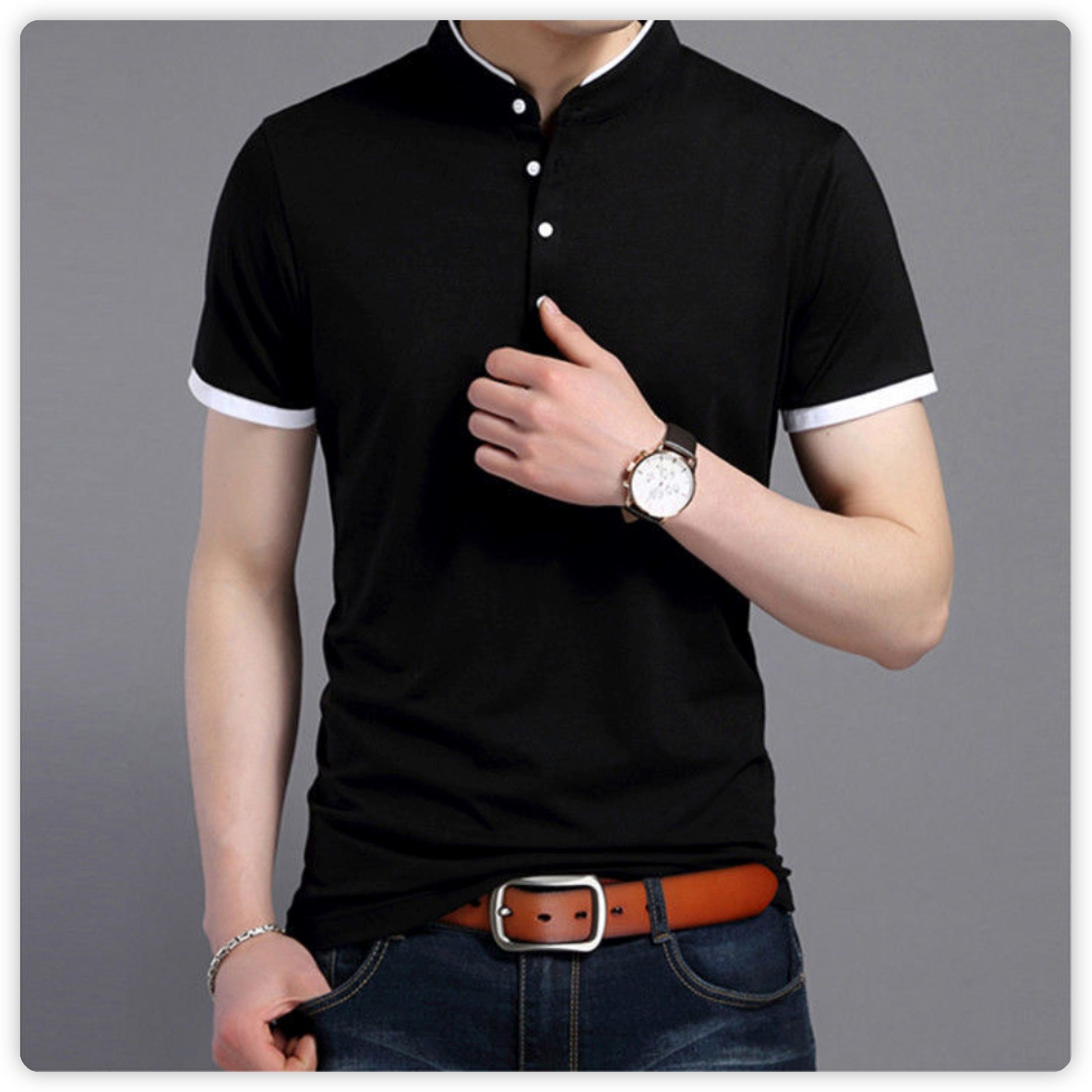 Casual Short Sleeve T Shirts Half Buttons Stand Collar Comfy Pullovers