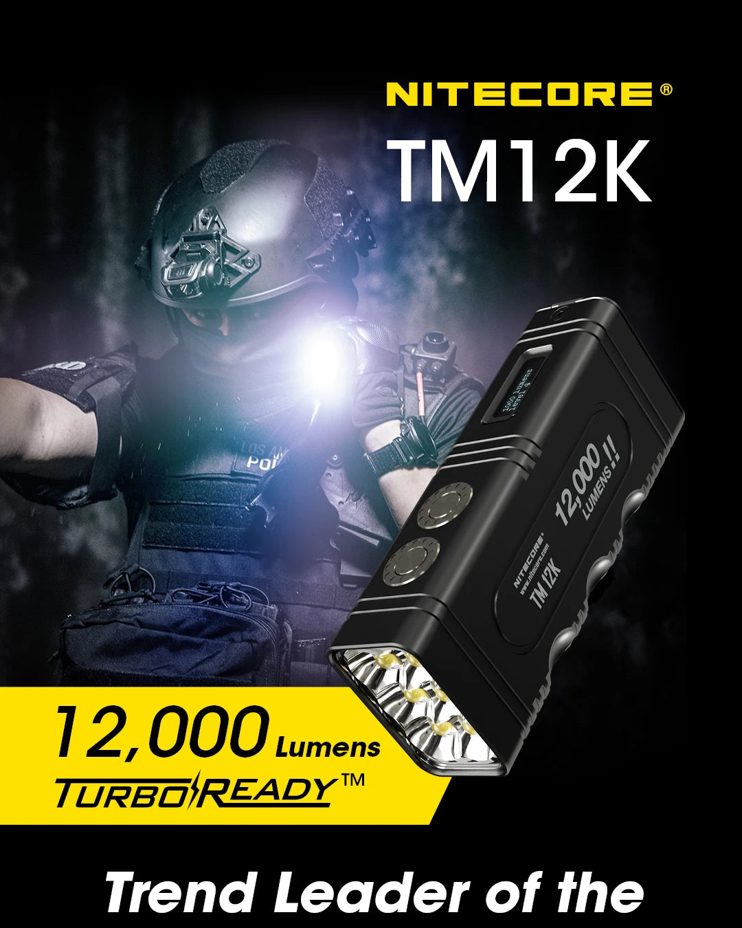 NITECORE TM12K Tactical Flashlight Powerful USB-C Rechargeable Super Bright 18W QC Searchlight CREE XHP50, 21700 Li-ion Battery