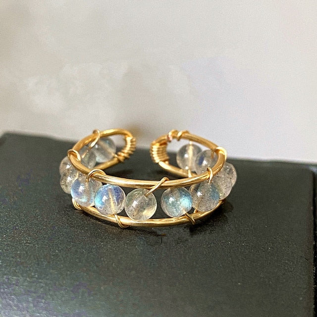 Natural Stone Rainbow Tourmaline Ring Fashion Retro Handmade Metal Wire Winding Beaded Open Adjustable Ring Female Charm Jewelry