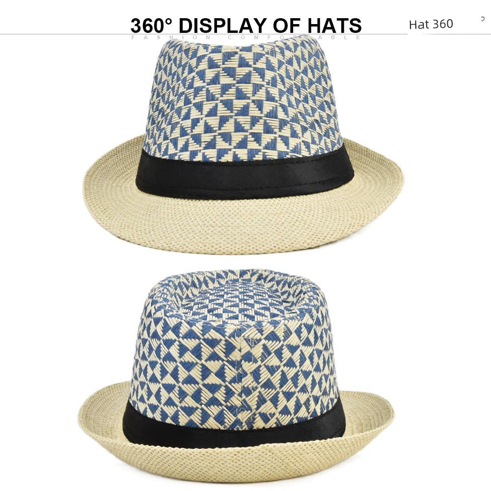 Billycock Fedora Hat Straw Hat Plaid Hat Spring Summer Sun Hat Hemming Straw Hat for Men and Women