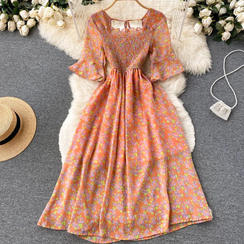 2024 Fashion Summer Flower Print Long Dress Women Vintage Square Neck Ruched Chest Chiffon Sundress Party Vestidos