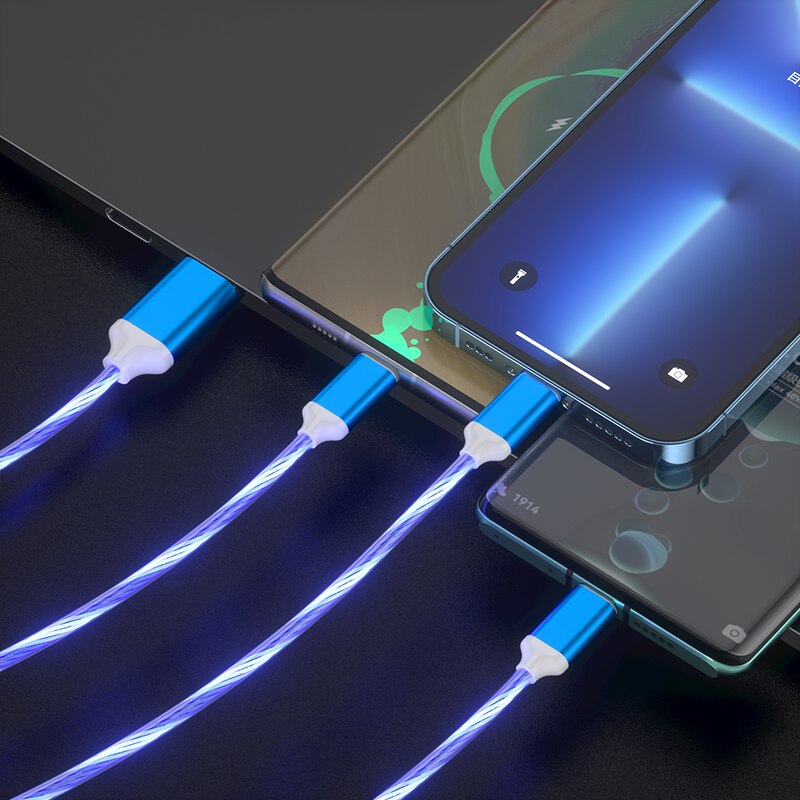 3 in 1 3A Fast Charging Glowing LED Light Micro USB Type C Cable For iPhone Samsung Xiaomi Redmi Phone Charger USB Cable