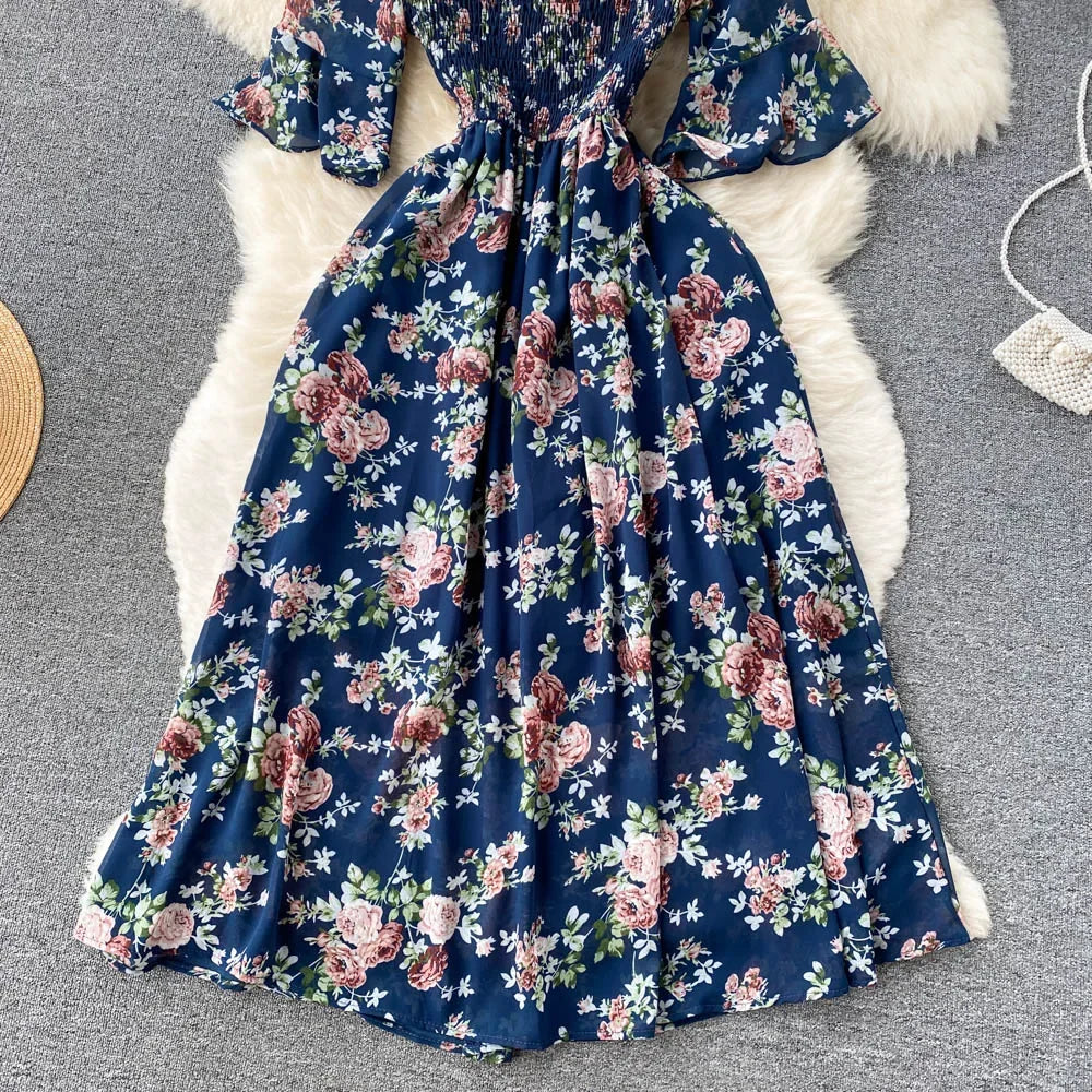 2024 Fashion Summer Flower Print Long Dress Women Vintage Square Neck Ruched Chest Chiffon Sundress Party Vestidos