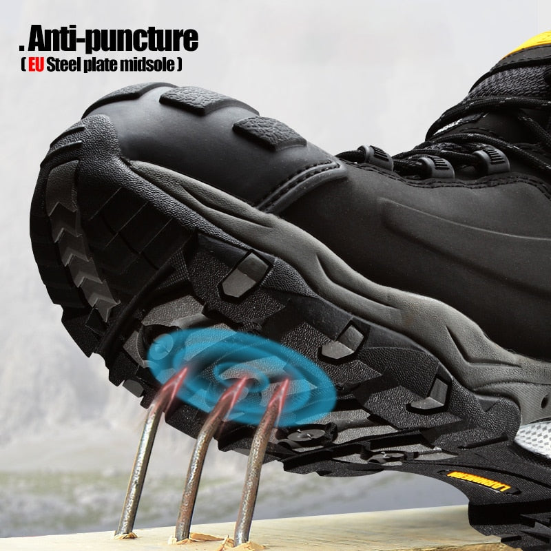 LARNMERM Safety Shoes Work Shoes Steel Toe Comfortable Genuine Leather Waterproof Construction Warehouse Factory Protection Shoe