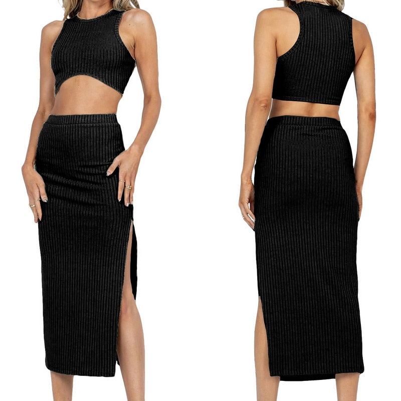 Two Piece Skirt Set Women's Suit y2k Clothes Summer 2023 Sexy Outfit Cropped Top and Split Skirt Chic Elegant Female Clothing