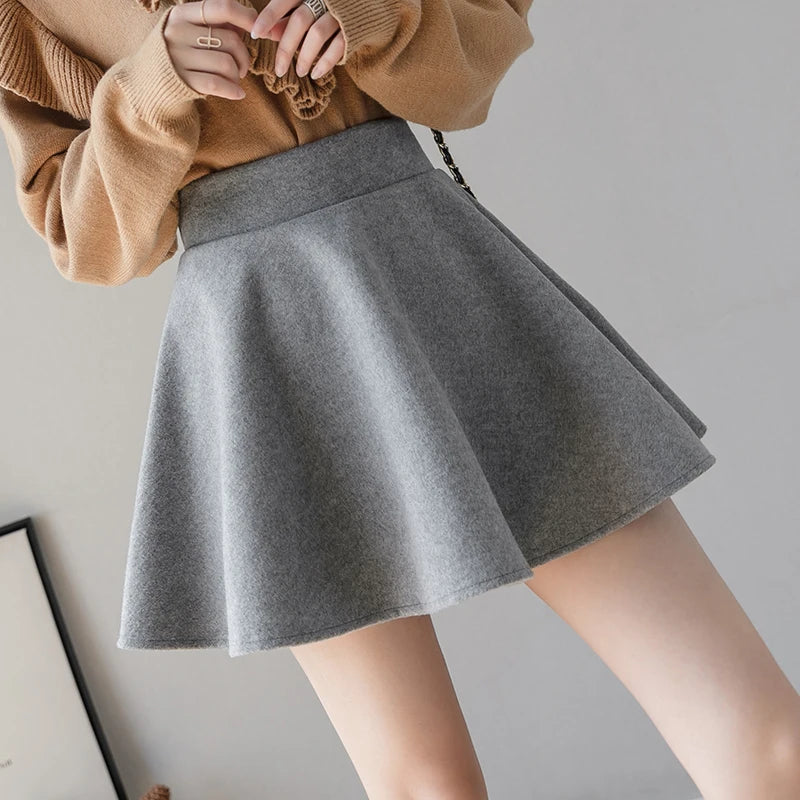 Kawaii Wool Pleated Skater Mini Skirt with Shorts