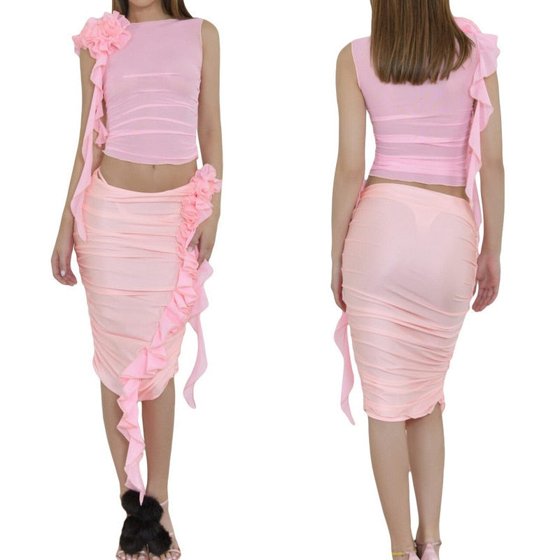 Two Piece Skirt Set Women's Suit y2k Clothes Summer 2023 Sexy Outfit Cropped Top and Split Skirt Chic Elegant Female Clothing