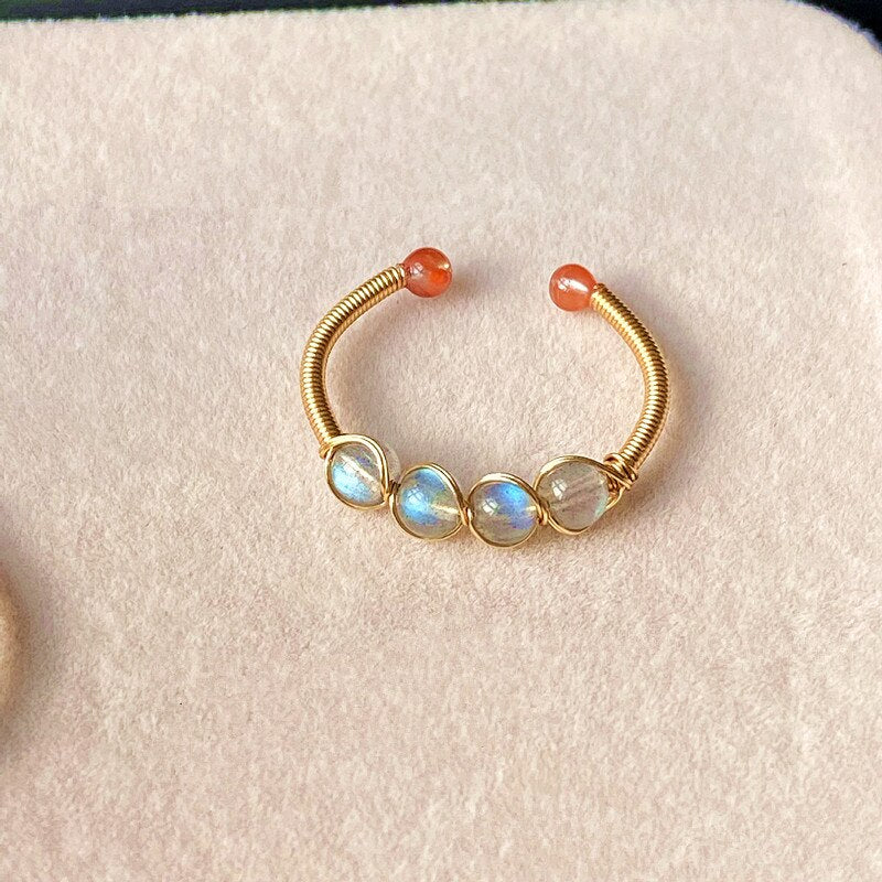 Natural Stone Rainbow Tourmaline Ring Fashion Retro Handmade Metal Wire Winding Beaded Open Adjustable Ring Female Charm Jewelry