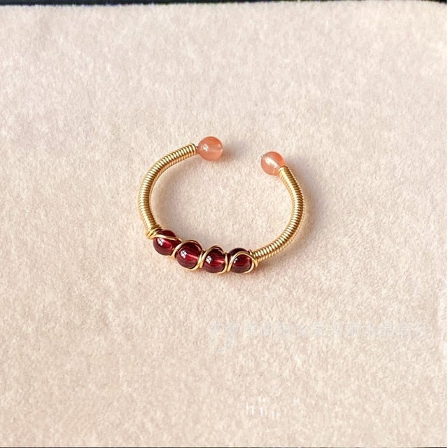 Natural Stone Rainbow Tourmaline Ring Fashion Retro Handmade Metal Wire Winding Beaded Open Adjustable Ring Female Charm Jewelry
