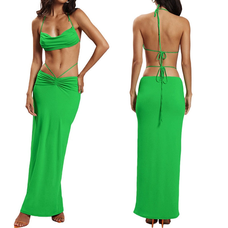 Two Piece Skirt Set Women's Suit y2k Clothes Summer 2023 Sexy Outfit Cropped Top and Split Skirt Chic Elegant Female Clothing