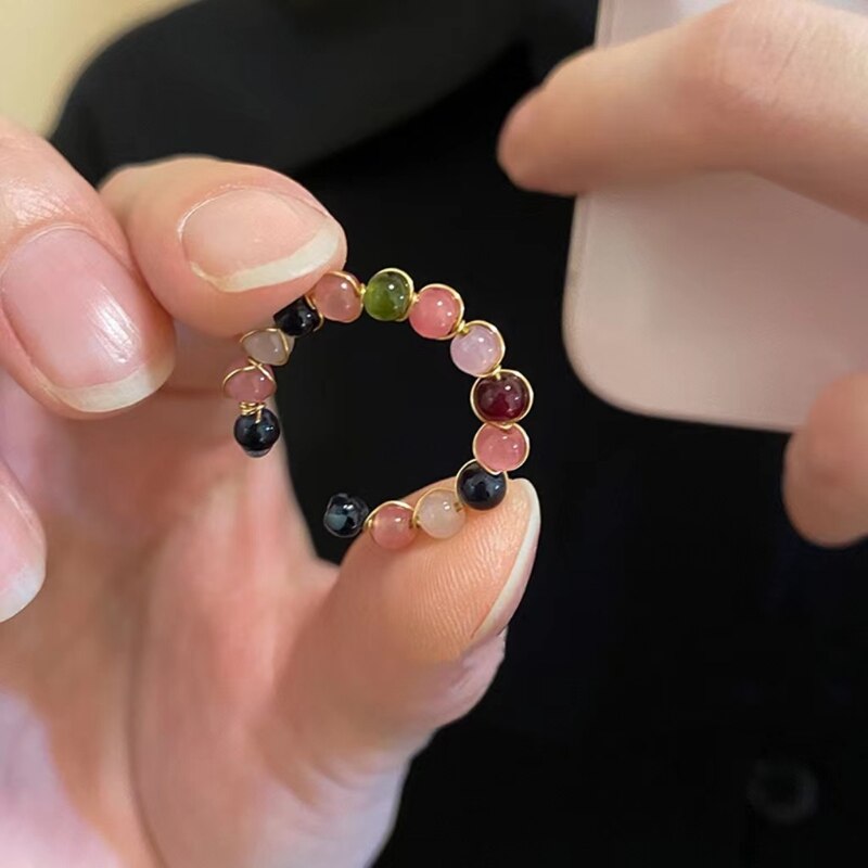 Natural Stone Rainbow Tourmaline Ring Fashion Retro Handmade Metal Wire Winding Beaded Open Adjustable Ring Female Charm Jewelry