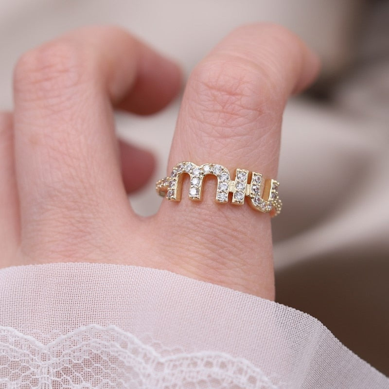 2023 Korean New Design Fashion Jewelry 14K Gold Plated Letter M Zircon Open Ring Elegant Women's Daily Work Accessories