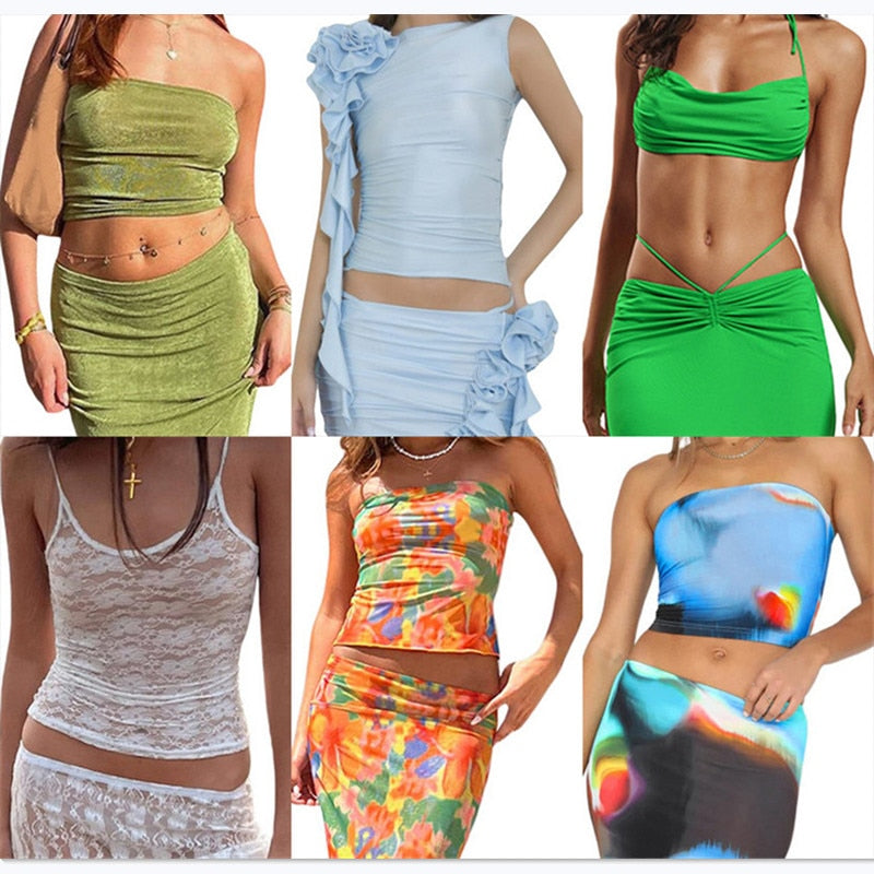 Two Piece Skirt Set Women's Suit y2k Clothes Summer 2023 Sexy Outfit Cropped Top and Split Skirt Chic Elegant Female Clothing