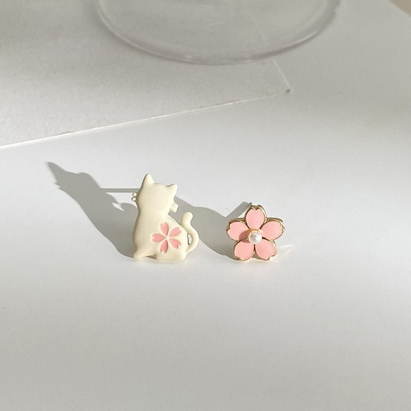 Cute Fairy Tales Animal Rabbit Pearl Stud Earrings Sweet Girls Women Asymmetric Love Heart Ear Studs Jewelry