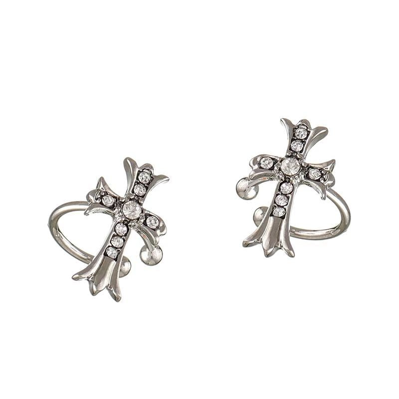 925 Silver Needle Inlaid Rhinestone Cross Stud Earrings Female New Design Sense Cross Without Ear Hole Ear Clip Party Jewelry