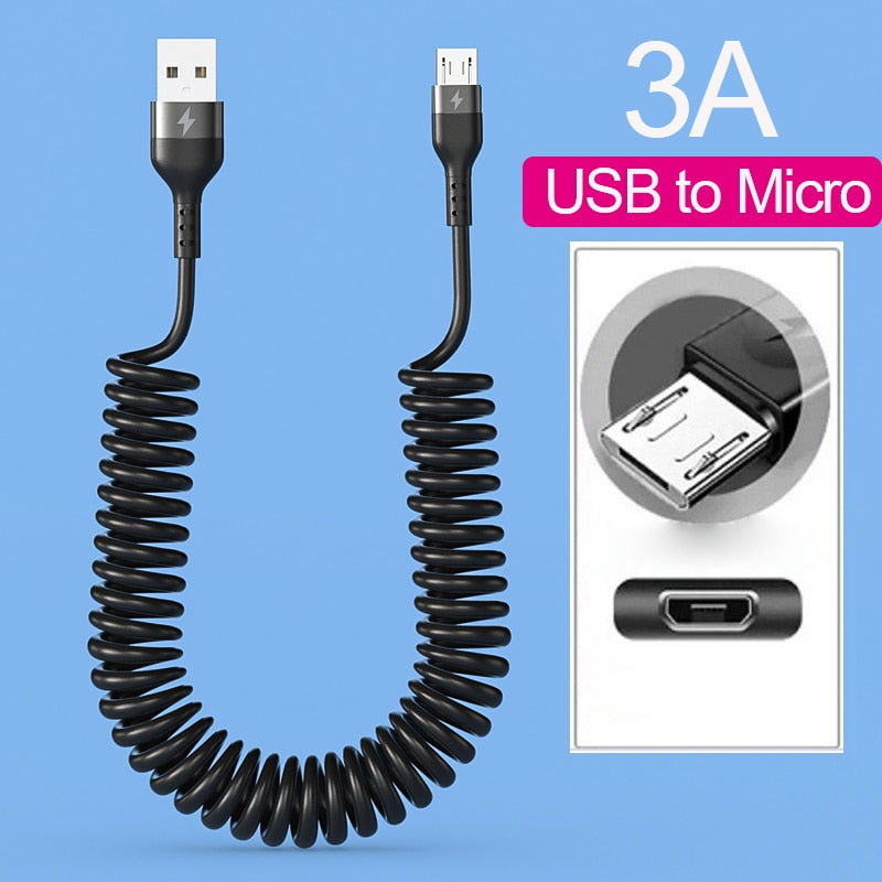 66W 5A USB Type C Data Cable 3A Micro USB Spring Pull Telescopic Fast Charging Cable for Android Phone Accessories Car USB Cable