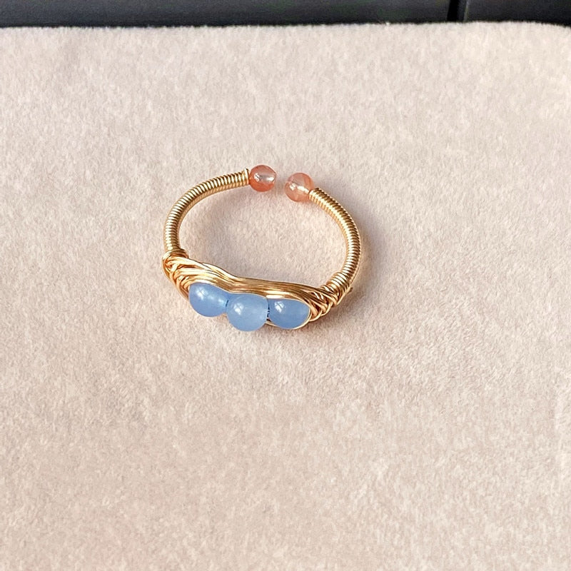 Natural Stone Rainbow Tourmaline Ring Fashion Retro Handmade Metal Wire Winding Beaded Open Adjustable Ring Female Charm Jewelry