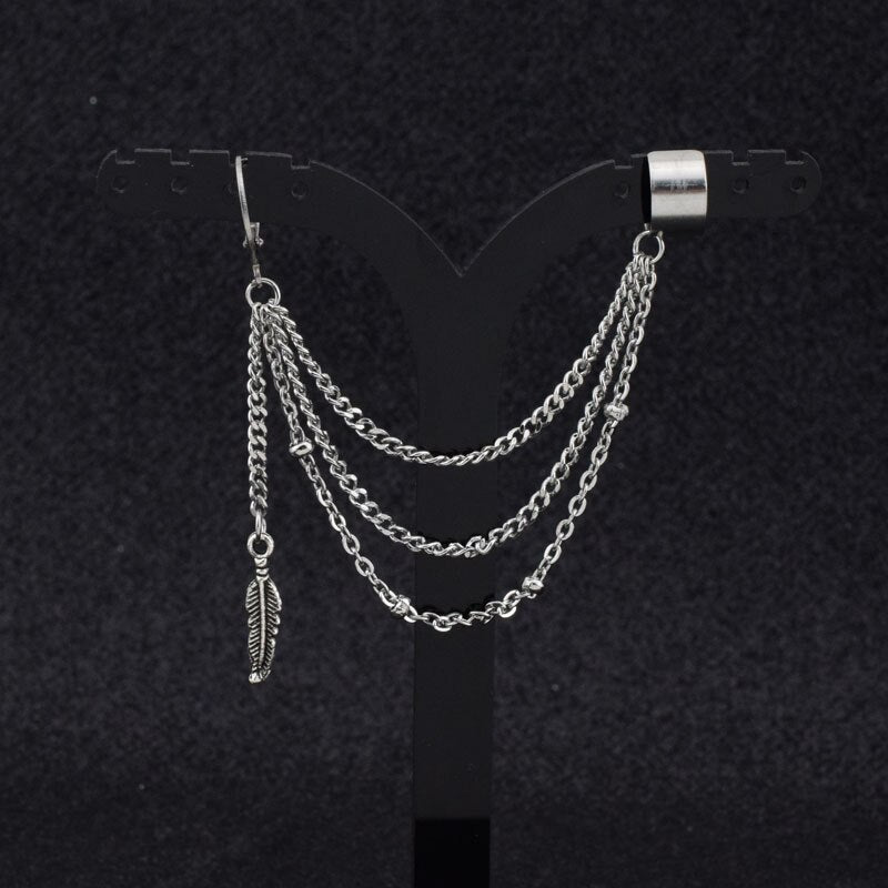 Vintage Men Stainless Steel Earrings Clip Cross Tassel Chain Ear Wrap Cuff Stud Earring Hipster Punk Piercing Ear Accessories