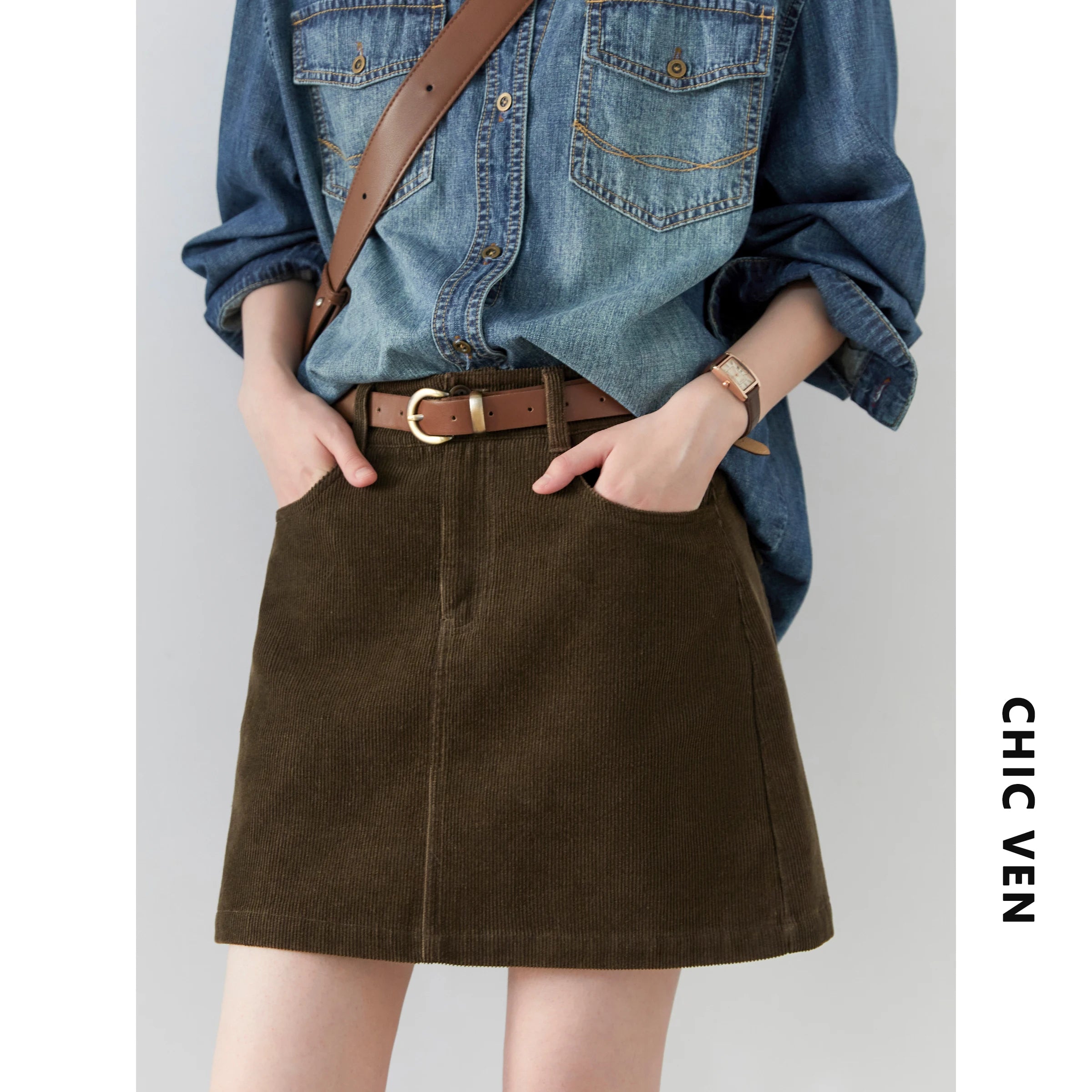 Retro High Waist Corduroy A-Line Skirt - Jeglowstore