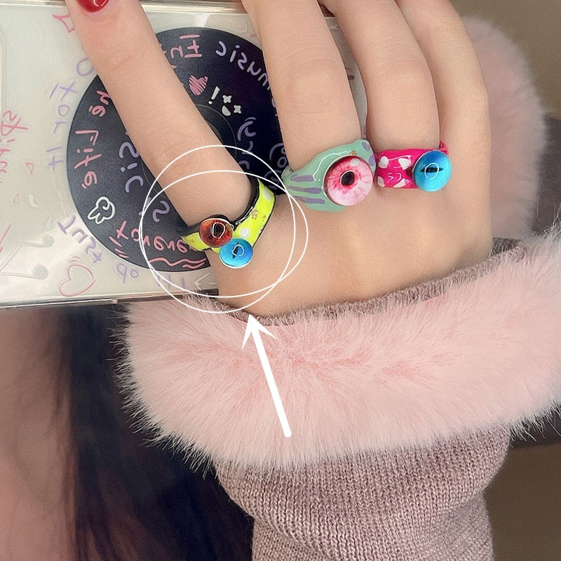 Punk eyes ring Cute Green Monster Ring For Women Fashion Sweet Two Color Cat Eyes Open Couple Ring party Finger Accessories