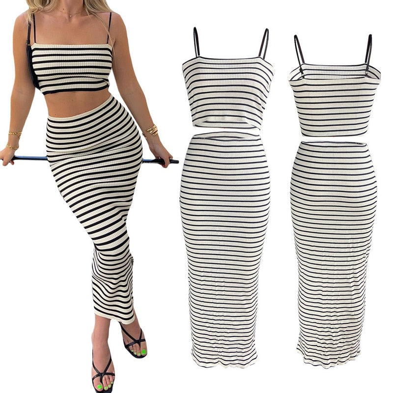 Two Piece Skirt Set Women's Suit y2k Clothes Summer 2023 Sexy Outfit Cropped Top and Split Skirt Chic Elegant Female Clothing
