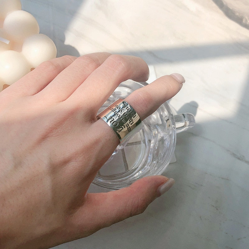Real 925 Sterling Silver Personality Wide Letters Adjustable Retro Ring Fine Jewelry For Women Party Elegant Accessories